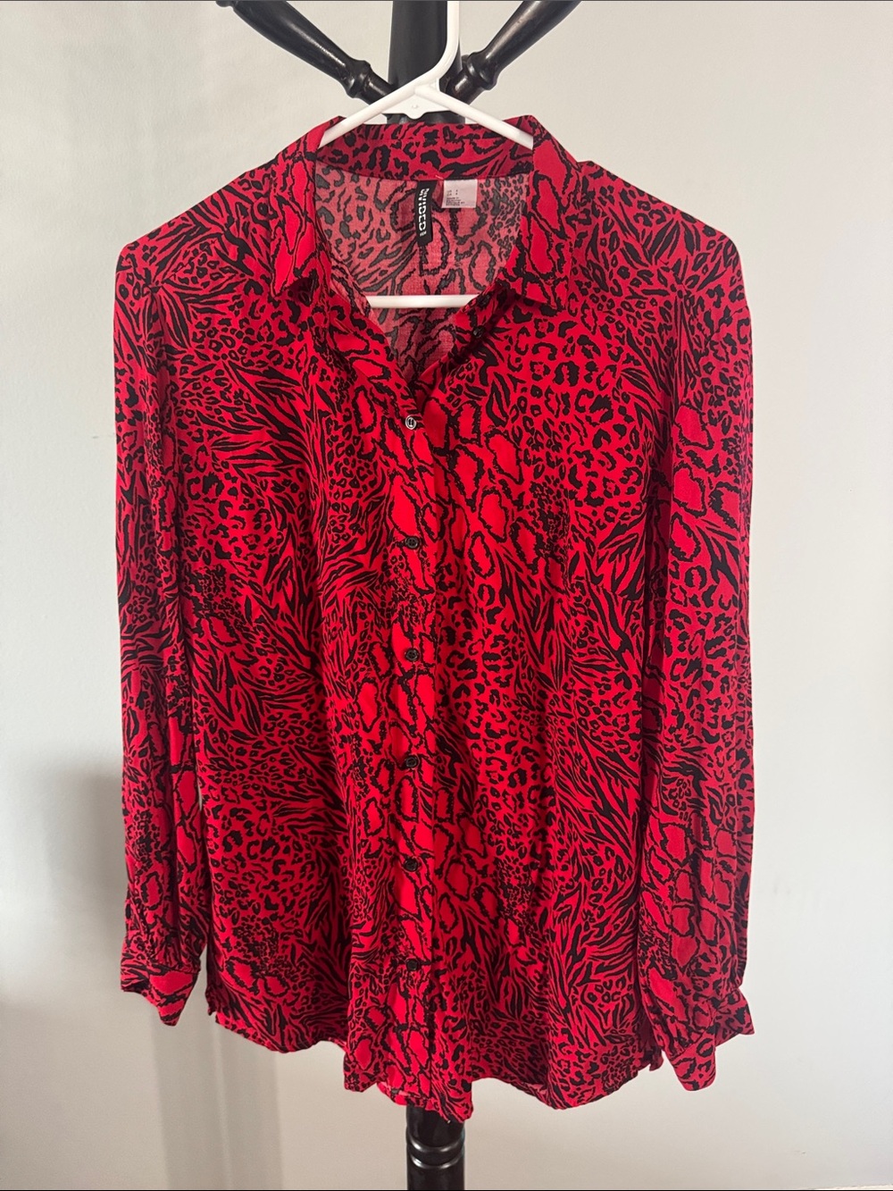 Zara Red and Black Animal-Print Button-Down Blouse